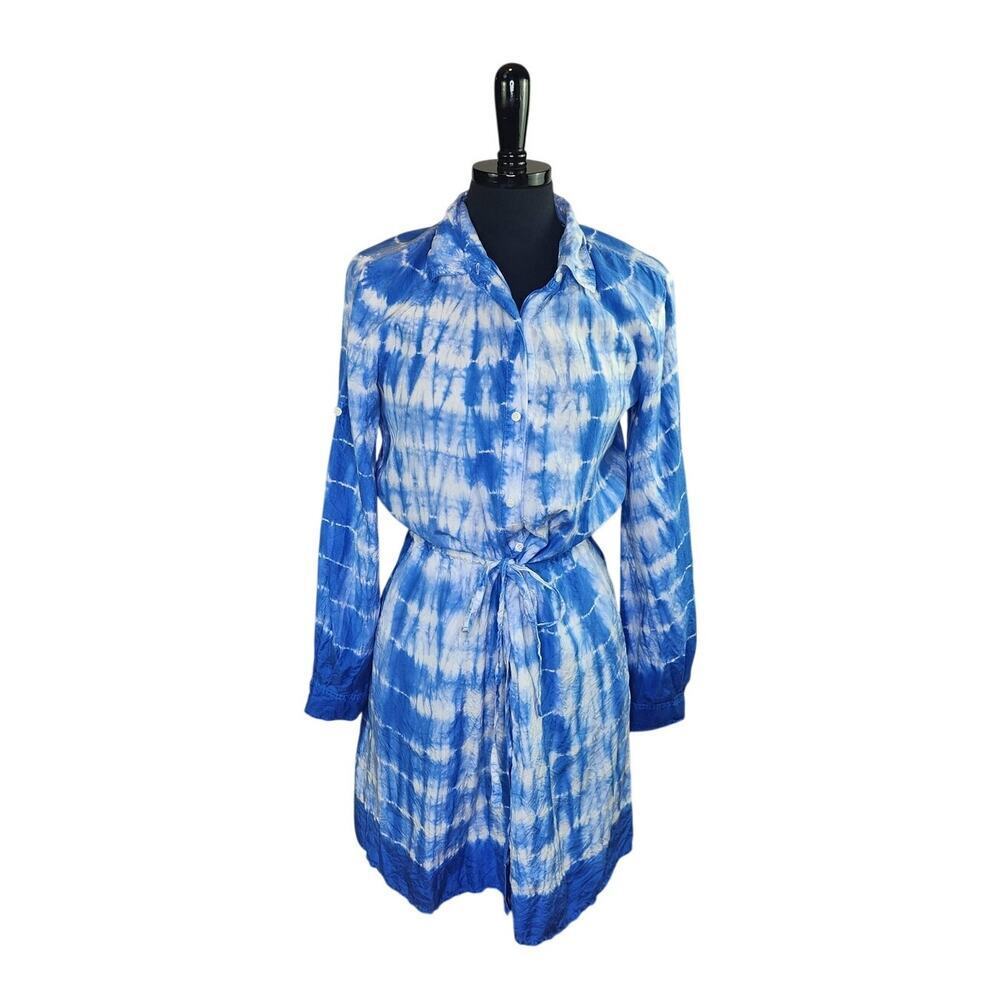 Calvin Klein 100% Silk Dress Tie Dye Shirtdress Long Sleeve Coastal M